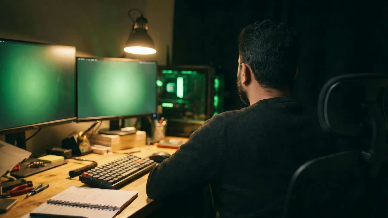 Febin turns from his workshop desk and looks up